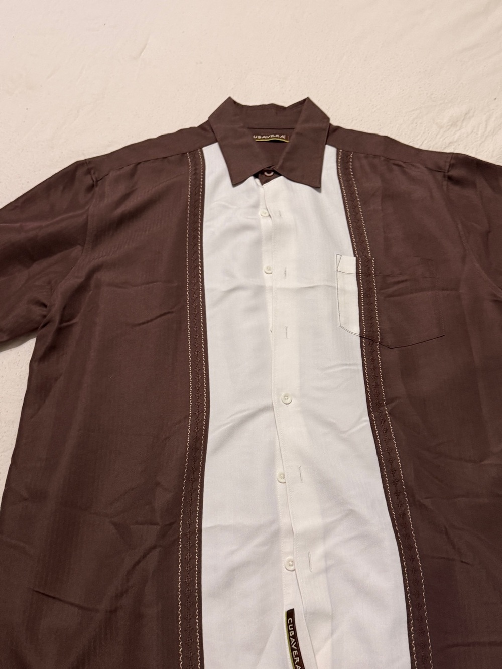 Cubavera Brown and White Cuban-Style Button-Down Shirt